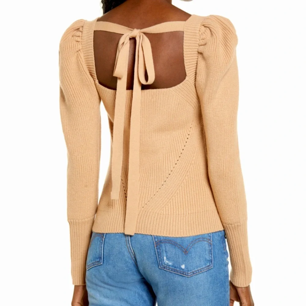 WAYF Leland Tie Back Puff Sleeve Sweater Camel M